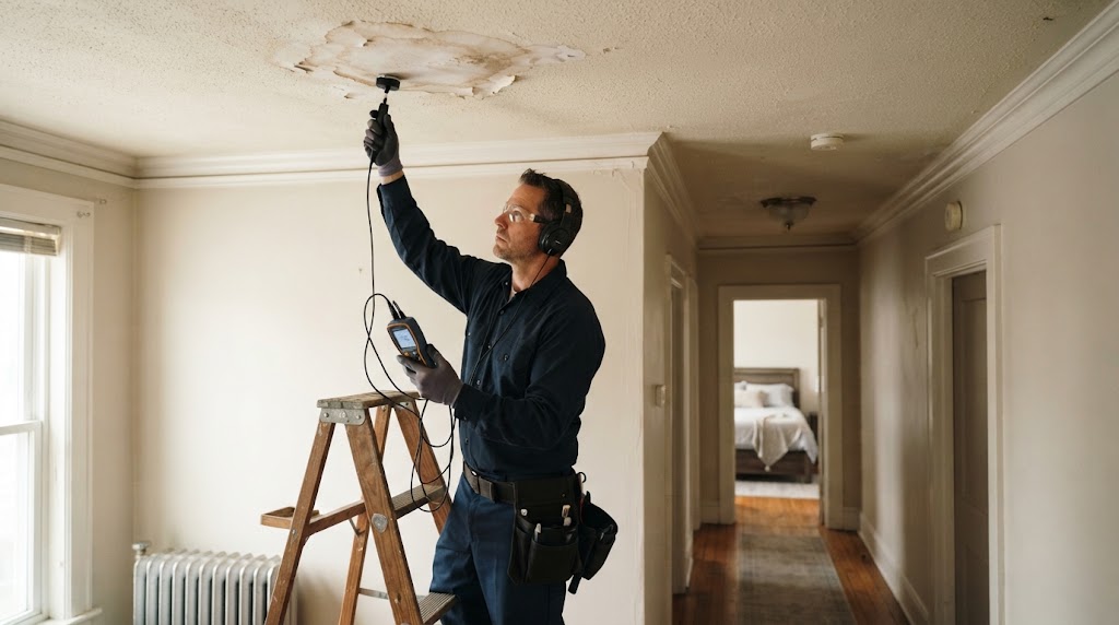 Thermal imaging camera detecting hidden water leak behind drywall in Egg Harbor Township