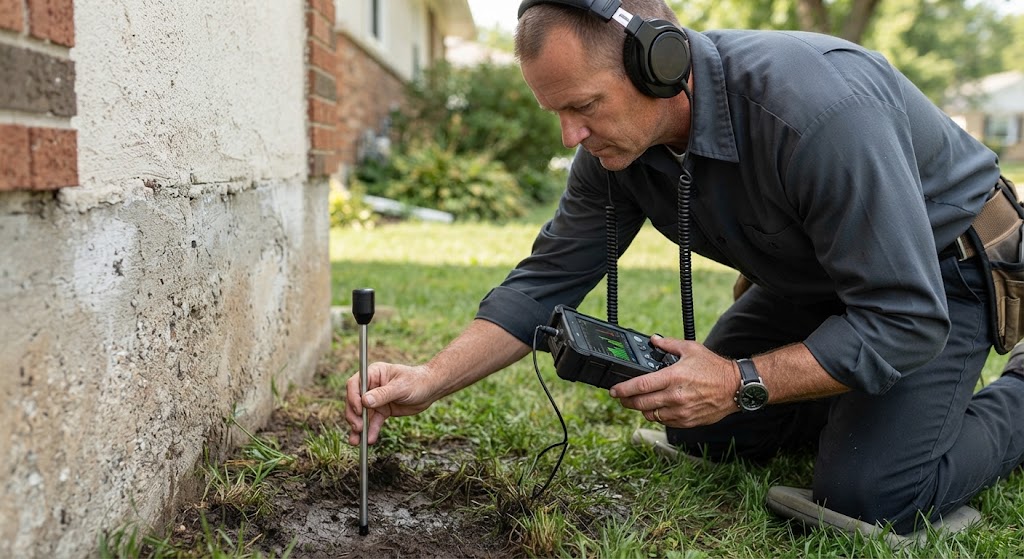 Leak specialist performing underground water line leak detection in front yard in Egg Harbor Township